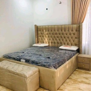 Double Bed Frame with Side Drawer and Ottoman